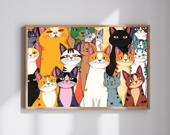 May include: A colorful illustration of a group of cats with different fur patterns and colors. The cats are all looking at the viewer with a variety of expressions.