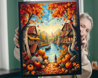Puede incluir: Una pintura que representa una escena de otoño con un río, casas y árboles. Los árboles tienen hojas naranjas, rojas y amarillas. Hay calabazas y calabacines en el suelo. Una persona camina por la orilla del río.