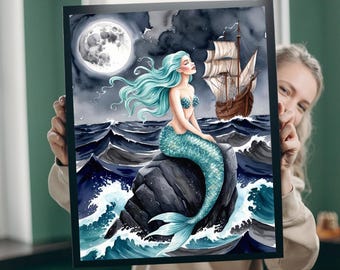 May include: A watercolour painting of a mermaid sitting on a rock in the ocean. The mermaid has long, flowing blue hair and a green tail. The ocean is dark blue and there are waves crashing around the rock. A ship is sailing in the distance. The moon is full and bright in the sky.