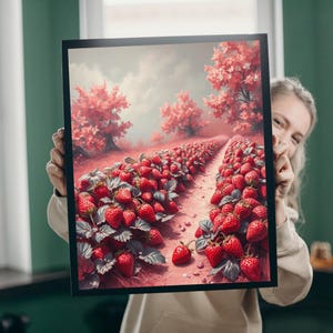 May include: A painting of a field of red strawberries with a path leading through the center. The strawberries are surrounded by pink trees and a cloudy sky.