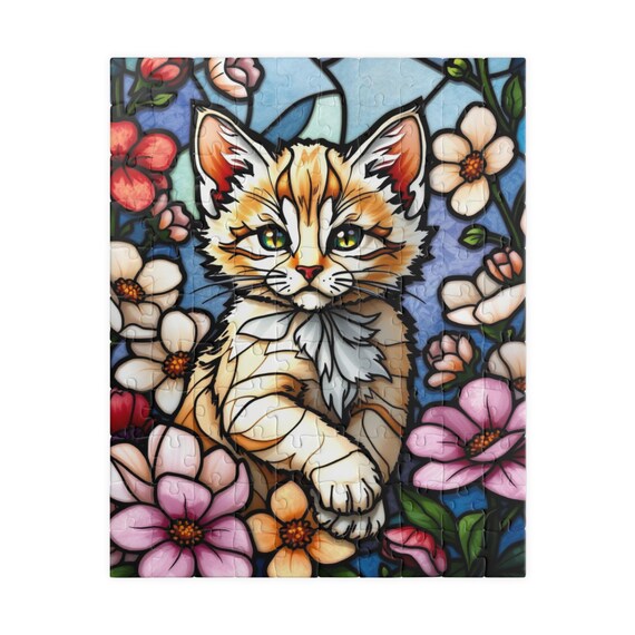 Cat Floral Stained Glass Puzzle - 110, 252, 520, 1014-piece