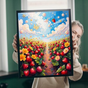Puede incluir: Una pintura de un campo de fresas rojas con un camino que lleva a un cielo azul con nubes blancas y burbujas flotantes. Las fresas están rodeadas de hojas verdes y flores amarillas.