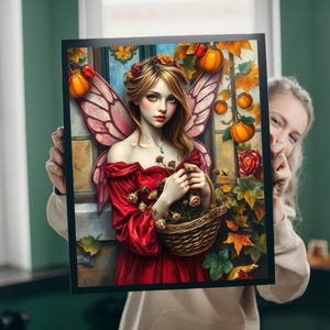 Op de afbeelding: Een ingelijst kunstwerk met een fee in een rode jurk met roze vleugels, die een mand met bloemen vasthoudt. De achtergrond toont pompoenen, herfstbladeren en rozen. Het kunstwerk zit in een zwarte lijst.