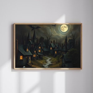 May include: A dark, mysterious village with a full moon in the sky. The houses are all dark and have windows lit with warm yellow light. The village is surrounded by trees and there is a path leading through the center.