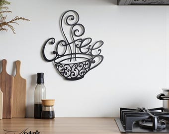 Black Metal Coffee Cup Wall Art - Rustic Kitchen Decor (28x25 cm)