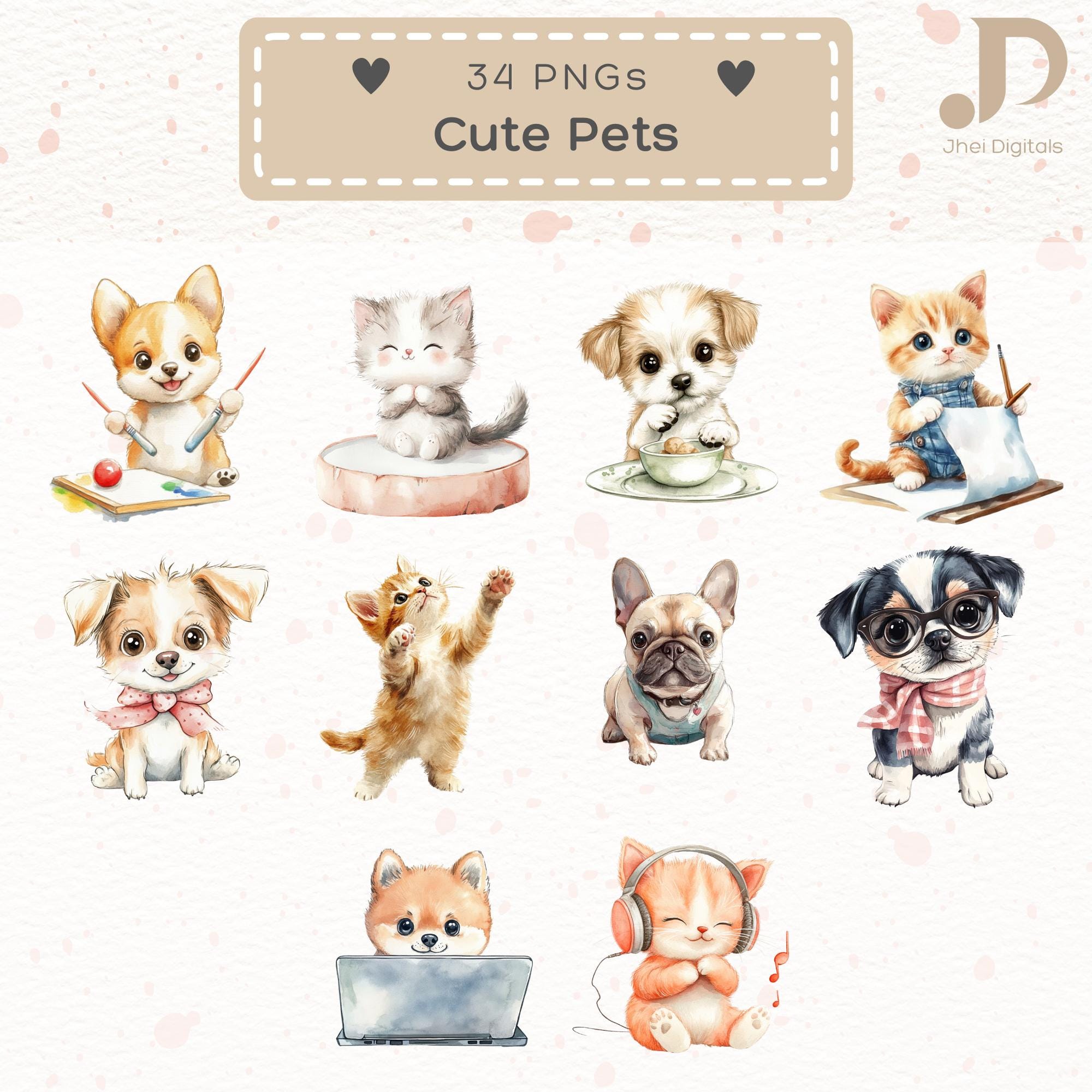 Cute Pet Clipart, Watercolor Cute PNG, Instant Download, Commercial