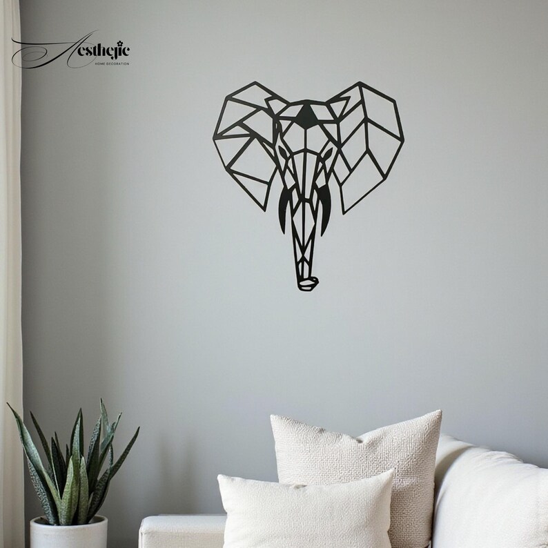 Black Metal Elephant Head Wall Art: Geometric Hanging Plaque (33x30cm ...