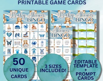Teddy Bear Baby Shower Bingo Game for Boy – Blue Baby Shower Games, 50 Printable Cards + Canva Template, A4, 4x6, US Letter