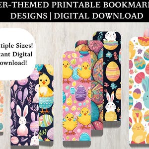Könnte beinhalten: Ein Satz druckbarer Oster-Lesezeichen mit verschiedenen Designs. Die Lesezeichen enthalten Bilder von Küken, Hasen und Eiern mit Blumenmustern. Der Text "Easter-themed Printable Bookmarks | 140 Designs | Digital Download" und "Multiple Sizes! Instant Digital Download!" ist im Bild enthalten.