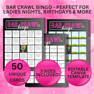 Bar Crawl Bingo Game Printable – 50 Editable Cards, 100 Tasks – Ladies Night, Bachelorette, Birthday, Drinking Party Game PDF