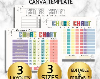 May include: Printable kids' chore chart template with three layouts and sizes. The chart features colorful designs and is editable and printable. The text on the chart includes "CHORE CHART" and chore tasks.