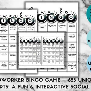 Bingospel collega | 625 leuke prompts en 50 afdrukbare kaarten | IJsbrekerspel op kantoor | US Letter, A4, 5 x 7 | PDF werkteambuilding