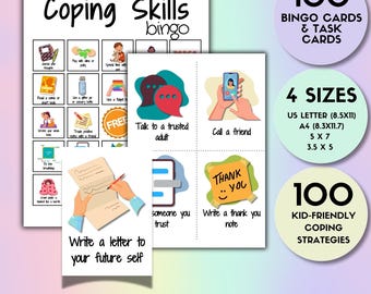 Coping Skills Bingo + Task Cards Bundle for Kids – 100 SEL Bingo Games + 100 Printable Coping Strategies | Calm Corner & Classroom Tools
