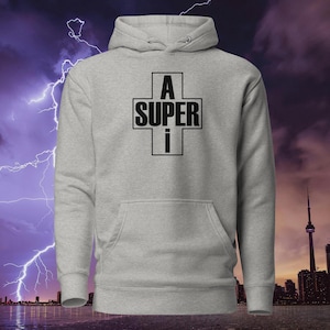 May include: A grey hooded sweatshirt with a black graphic of a cross with the text "A SUPER I" inside.