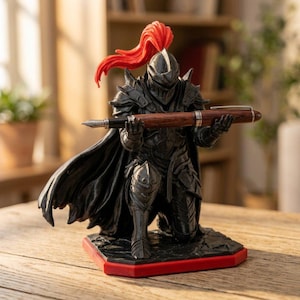 May include: A black knight figurine in full armor kneeling on a red-edged base, wearing a helmet with a bright red plume. The knight holds a brown wood-grain fountain pen horizontally in its hands, featuring a silver clip and a metallic nib.