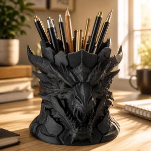 May include: A matte black desk organizer shaped like a dragon head with an open mouth, featuring intricate scale and plate textures. The hollow interior holds a collection of various pens, pencils, and metallic writing instruments.