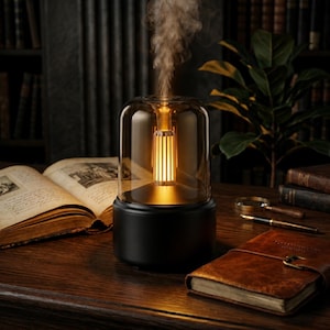 Peut inclure: Un diffuseur d'huiles essentielles noir et en verre avec une lumière chaude et brillante à l'intérieur, émettant une colonne de vapeur. Le diffuseur est posé sur une surface en bois, avec un livre ouvert et un journal en cuir à proximité. Le thème général est la détente et l'aromathérapie.