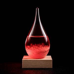 Peut inclure: Un baromètre à tempête en verre en forme de goutte d'eau, rempli d'un liquide rouge vif et de formations cristallines blanches, monté sur une base rectangulaire en bois clair sur un fond noir uni.