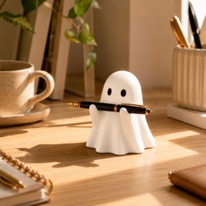 Könnte beinhalten: Ein weißes, geisterförmiges Schreibtischaccessoire zur Stiftaufbewahrung. Die Figur hat eine glatte, matte Oberfläche mit zwei einfachen schwarzen ovalen Augen. Sie hält einen schwarzen Füllfederhalter mit goldfarbenen Akzenten.