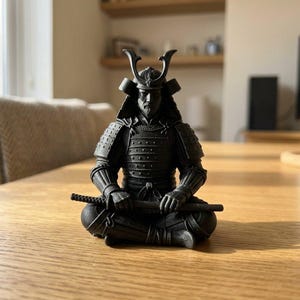 May include: A matte black figurine of a seated samurai warrior wearing traditional armor and a helmet with a crescent-shaped crest. The figure is positioned in a cross-legged pose with hands resting on a katana sword placed horizontally across the lap.