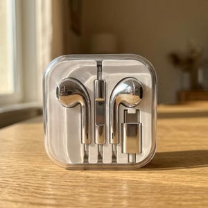 Pode incluir: Um par de auriculares com fio em tom prateado com conector a condizer, enrolados e fixos dentro de um estojo protetor quadrado de plástico transparente. O encaixe branco moldado mantém os auriculares e o cabo numa posição fixa.