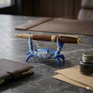 Op de afbeelding: Een houten vulpen met gouden details rust op een blauwe krabbenpenhouder. De penhouder is een grillig bureau-accessoire. Een bruin leren notitieboek en een inktfles zijn ook zichtbaar.
