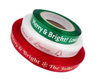 3/8" Christmas Ribbon Personalized Text | Holiday Custom Printed Gift Wrap | Ornament Ribbon | Personalise Ribbon