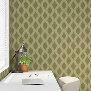 May include: Wallpaper featuring a repeating olive green and beige ogee pattern with a subtle fabric-like texture. The design consists of vertical wavy lines forming elongated diamond shapes across the entire surface of the wall covering.