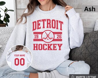Sudadera retro de hockey de Detroit - Sudadera vintage de cuello redondo de hockey de Detroit - Camiseta moderna de Detroit - Sudadera de hockey personalizada