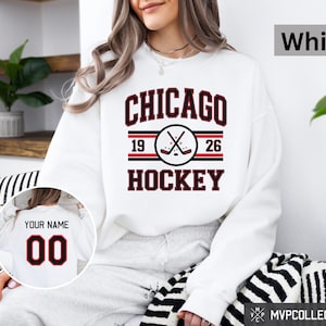 Retro Chicago Hockey Sweatshirt - Vintage Chicago Hockey Crewneck - Trendy Chicago Shirt - Customized Hockey Sweatshirt