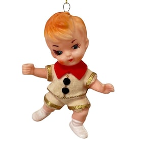Boy Baby Christmas Ornament Flocked Outfit Expressive Eyes Pixie Kewpie Japan