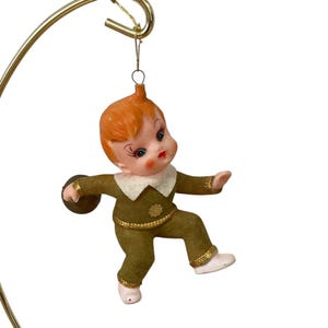 Vtg Bowler Baby Christmas Ornament Flocked 4 In Red Hair Expressive Eyes Pixie