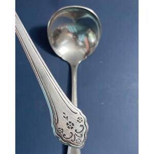 May include: A silver ladle with a floral design on the handle. The ladle is made of polished metal and has a rounded bowl.