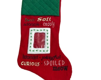 Vtg Cat Kitty Photo Christmas Stocking w Paw Print Frame Window Embroidered Text
