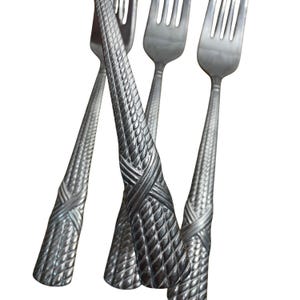 May include: A set of four silver-toned metal forks featuring a textured, diamond-shaped crosshatch pattern on the handles. Each handle includes a distinct horizontal band detail near the base, leading to a standard four-tined fork head.