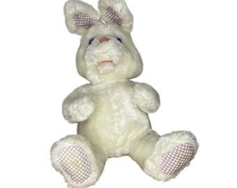 Vtg Dakin White Plush Bunny Rabbit Stuffed Animal Lavender Ears Paws 1983 Easter