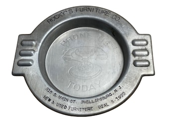Vtg Advertising Ashtray Rockys Furniture Co Phillipsburg NJ Aluminum Engraved