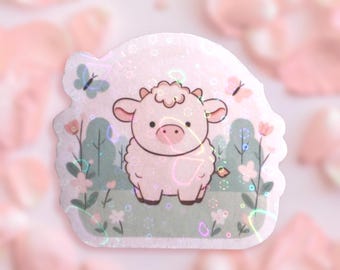 Naklejka holograficzna Pastel Highland Cow – wiosenny motyl