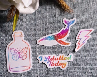 Zestaw naklejek holograficznych: Tęczowy wieloryb, motyl, błyskawica