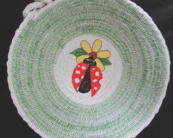 Lady Bug and Sunflower- Machine embroidered- rope bowl