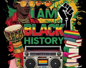 Soy historia negra PNG, sublimación del mes de la historia negra, diseño afro retro de los años 90, colores rasta, descarga digital, diseño de camiseta con orgullo de melanina