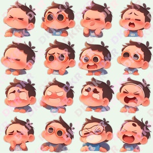 Pacote com 16 adesivos PNG de emoções de meninos fofos para planejadores digitais, diários, sala de aula, terapia, uso comercial incluído
