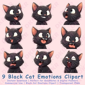 9 cliparts d'émotions de chat kawaii - Joli chat noir PNG pour autocollants, enseignants, agendas, sublimation et travaux manuels