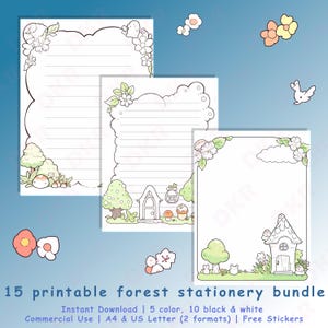 Conjunto de letras de animais da floresta para impressão, 15 páginas fofas + adesivos bônus, papel de carta para crianças, download instantâneo