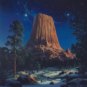 May include: A large, rocky, red-brown mountain with a dark blue sky filled with stars. The mountain is covered in snow and trees.