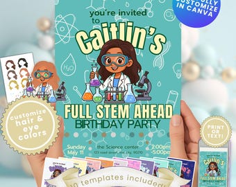Science Birthday Invitation Personalized Invite Editable STEM Party Invite Canva Template Instant Download Custom Hair and Eye Colors girls