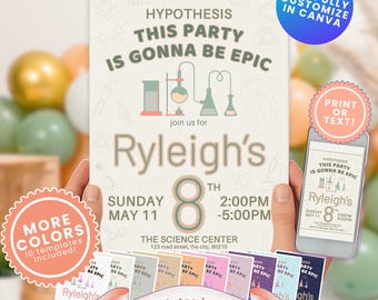 Personalized Science Birthday Invitation STEM Party Experiment Invite Editable Canva Template Instant Download birth day invitations kids