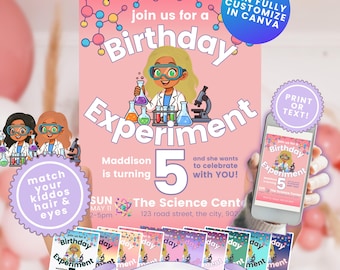 Experiment Party Invitation Birthday Personalized Invite Editable Science Birth day Invite Canva Template Instant Download Customizable girl