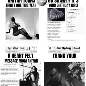 May include: Newspaper-style birthday announcement with the headline "ANIYAH TURNS THIRTY ONE THIS YEAR." The image includes photos of a woman in various poses, along with party details and thank you messages.