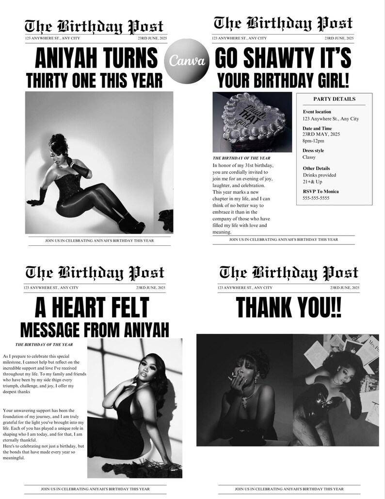 May include: Newspaper-style birthday announcement with the headline "ANIYAH TURNS THIRTY ONE THIS YEAR." The image includes photos of a woman in various poses, along with party details and thank you messages.
